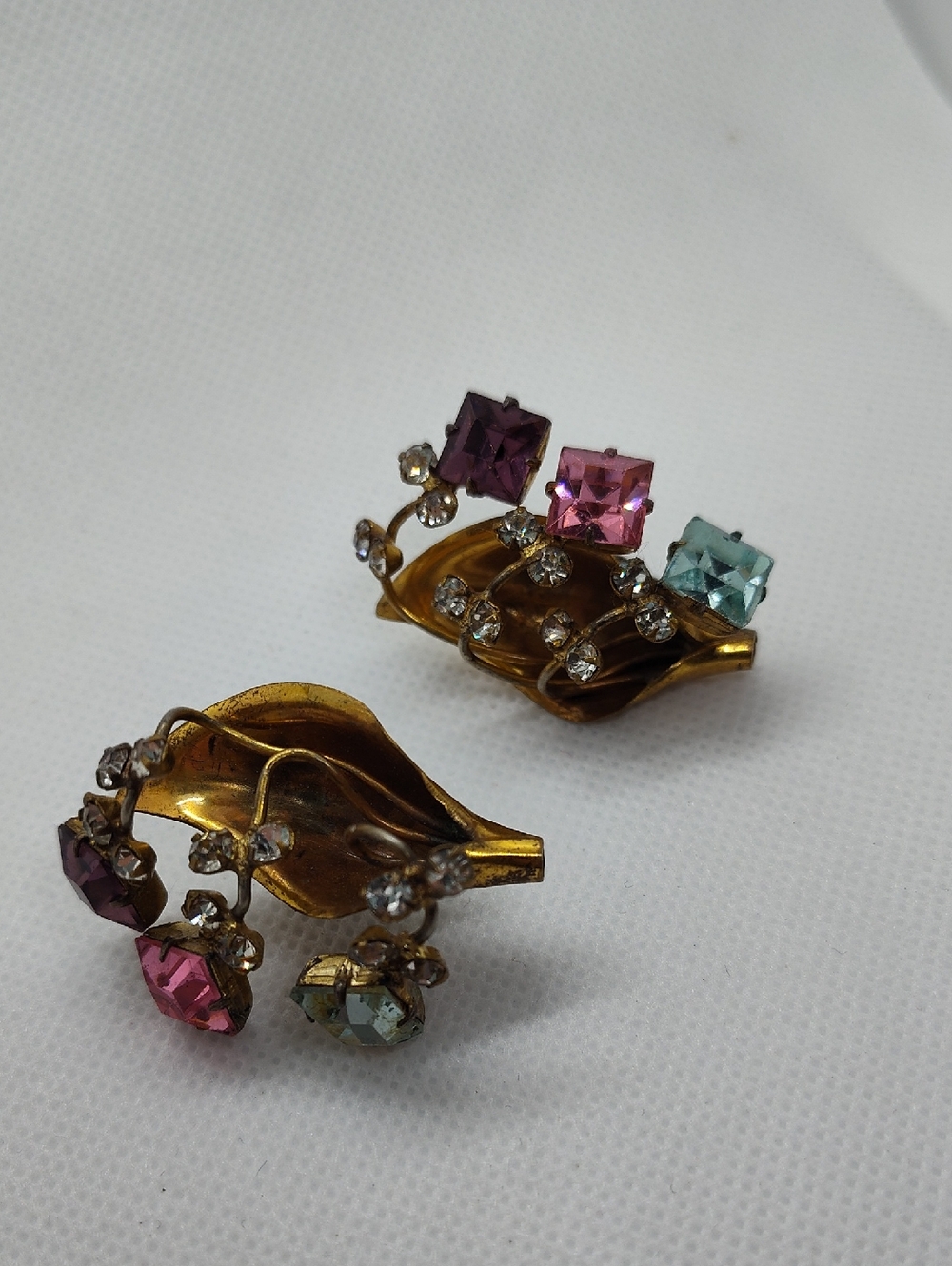 Vintage Multi-Color Crystal Floral Clip-On Earrings Circa 1940s